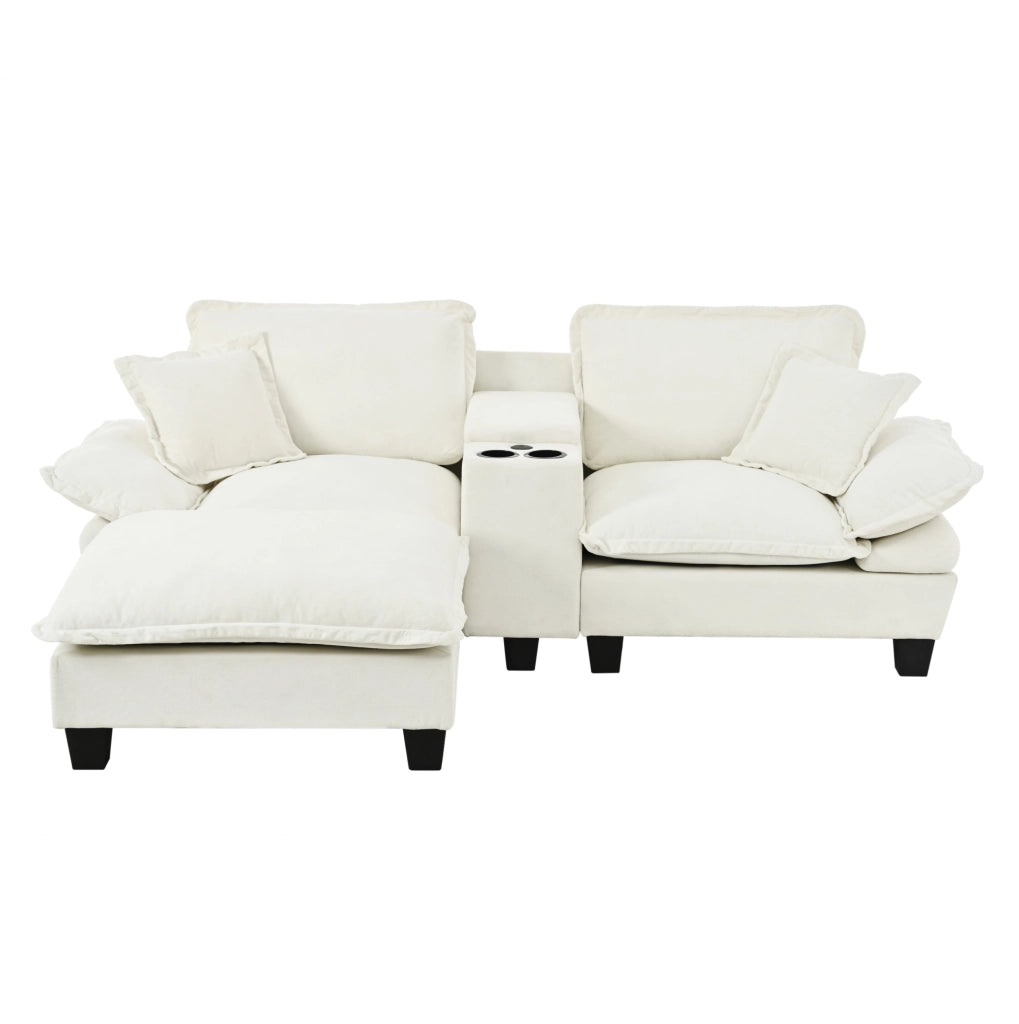 Divano modulare Cloud a forma di L in chenille beige con porta bicchieri, USB, pouf e cuscini