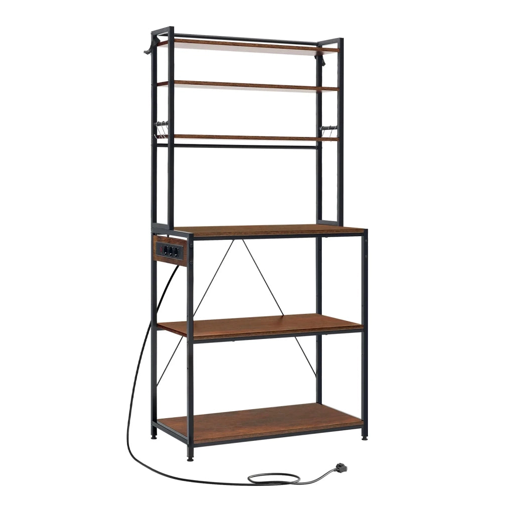 Scaffale cucina con prese, 6 ripiani e ganci, marrone rustico