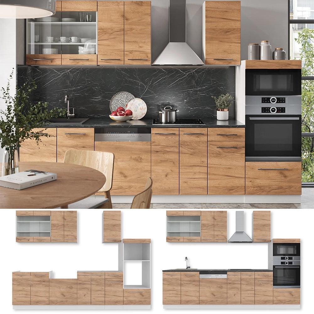 Cucina componibile Fame-Line Rovere dorato/Bianco 300 cm con armadio alto, PL Marmo Vicco
