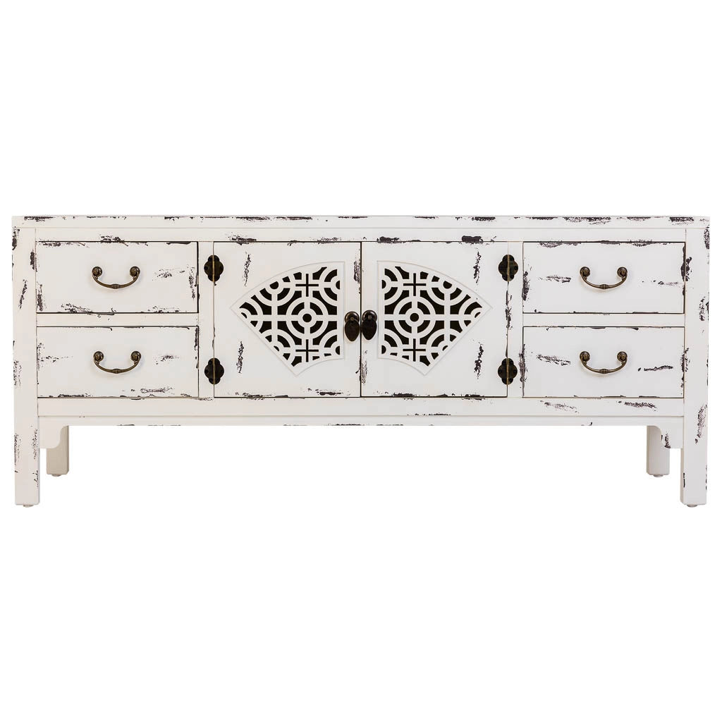 Mobile basso in legno laccato bianco, 4 cassetti 2 porte 120x40x50h cm