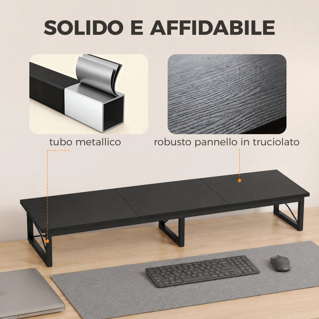 Supporto Monitor da Scrivania 114x30x16,5 cm Rialzo in Legno e Metallo Nero