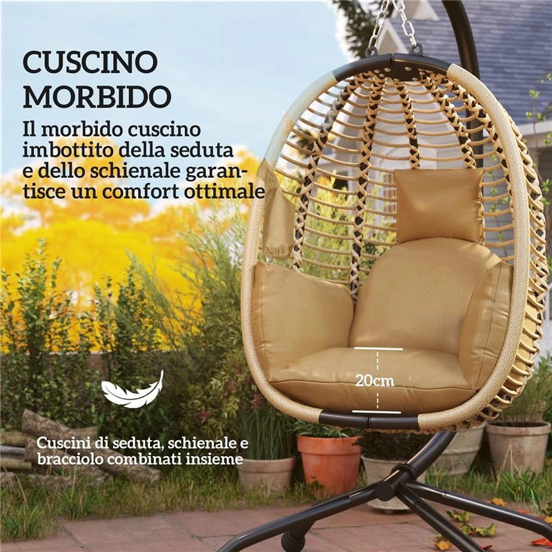 POLTRONA SOSPESA CON CUSCINO IMBOTTITO, SEDUTA PIEGHEVOLE E STRUTTURA IN ACCIAIO E CORDA, BEIGE