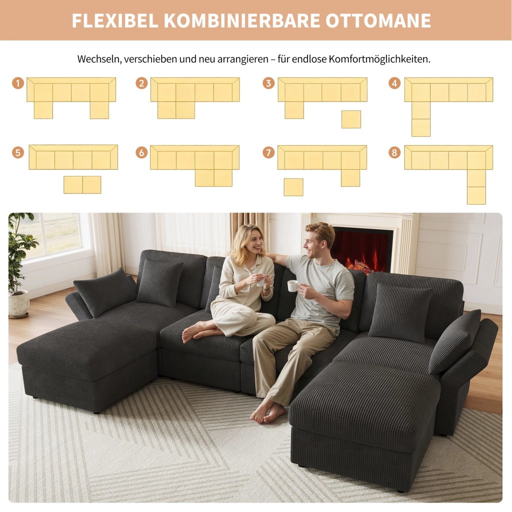 Divano modulare a U con braccioli regolabili e poggiatesta, due pouf scorrevoli in velluto a coste grigio 290 × 159,5 × 89 cm