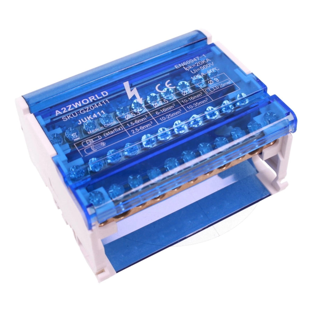 Morsettiera Ripartitore Quadripolare, Box Di Connessione 4 Barre, 125A 690V, Scatola Di Distribuzione Per Quadro Elettrico, Ottone Nichelato, Coperchio Trasparente, PA Nylon UL94V0 (11 Vie)