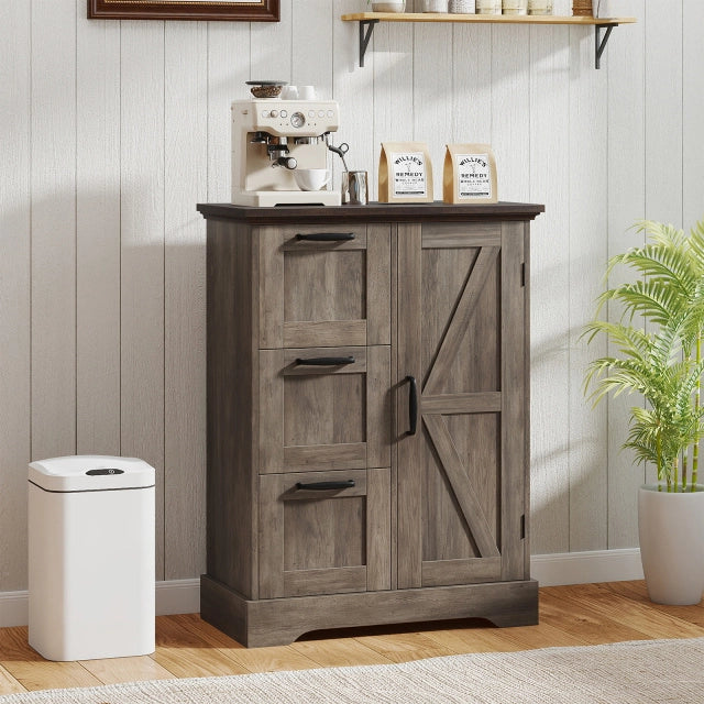 Mobile da pavimento mobile accentato rustico con porta da fienile-Mobile credenza indipendente per cucina Marrone