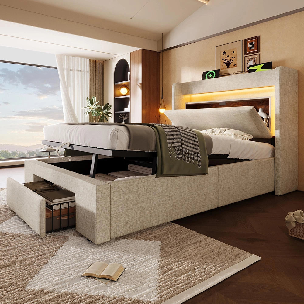 Letto imbottito con testiera - Xylo - 90x200 cm - Beige, lino - Rialzo idraulico, LED, USB/USB-C