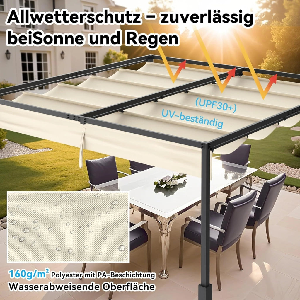 Pergola 3x3m, baldacchino impermeabile, stabile invernale, gazebo con ombreggiatura regolabile, protezione solare per giardino, terrazza e balcone, beige