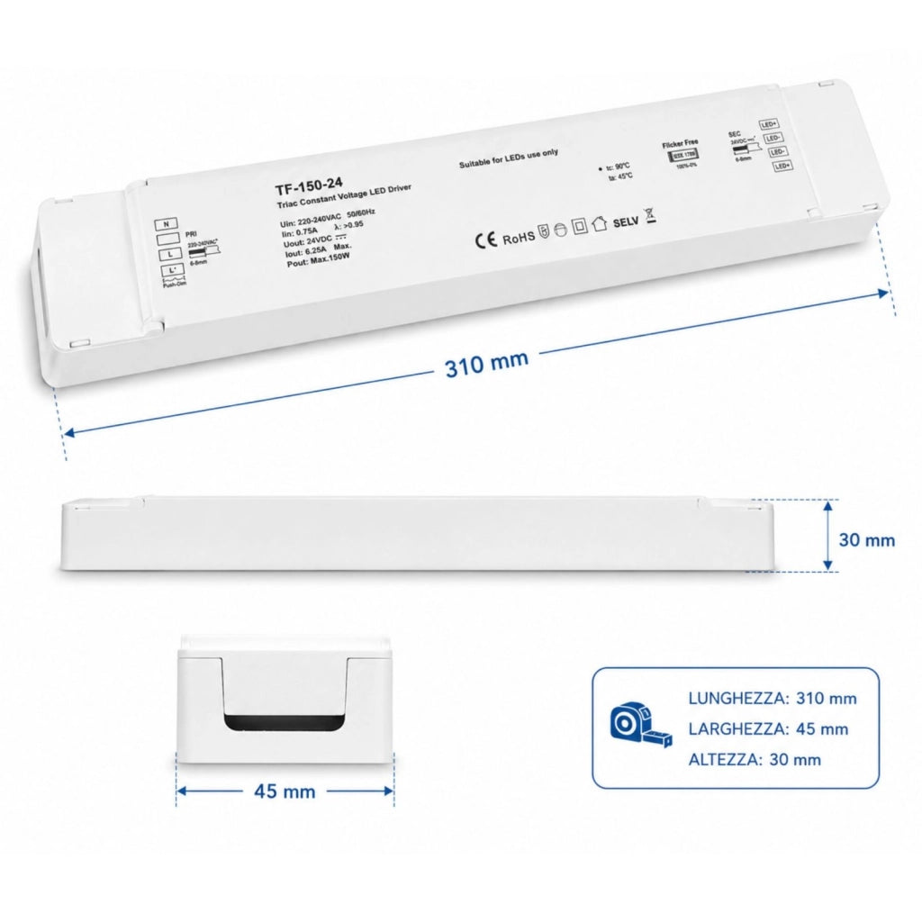 Alimentatore Dimmerabile 24V 150W Triac ELV Pulsante Varialuce Su 220V Per Striscia Led 24V TF-150-24