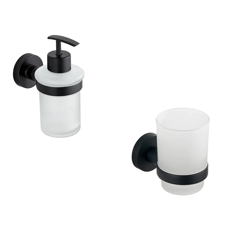 Set da bagno nero opaco 2 accessori: dispenser sapone e porta spazzolino | Hook