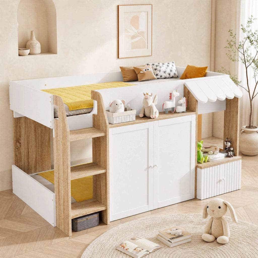 LETTO A CASTELLO 90x200 cm Casa Bianco+Legno con scala e vano inferiore