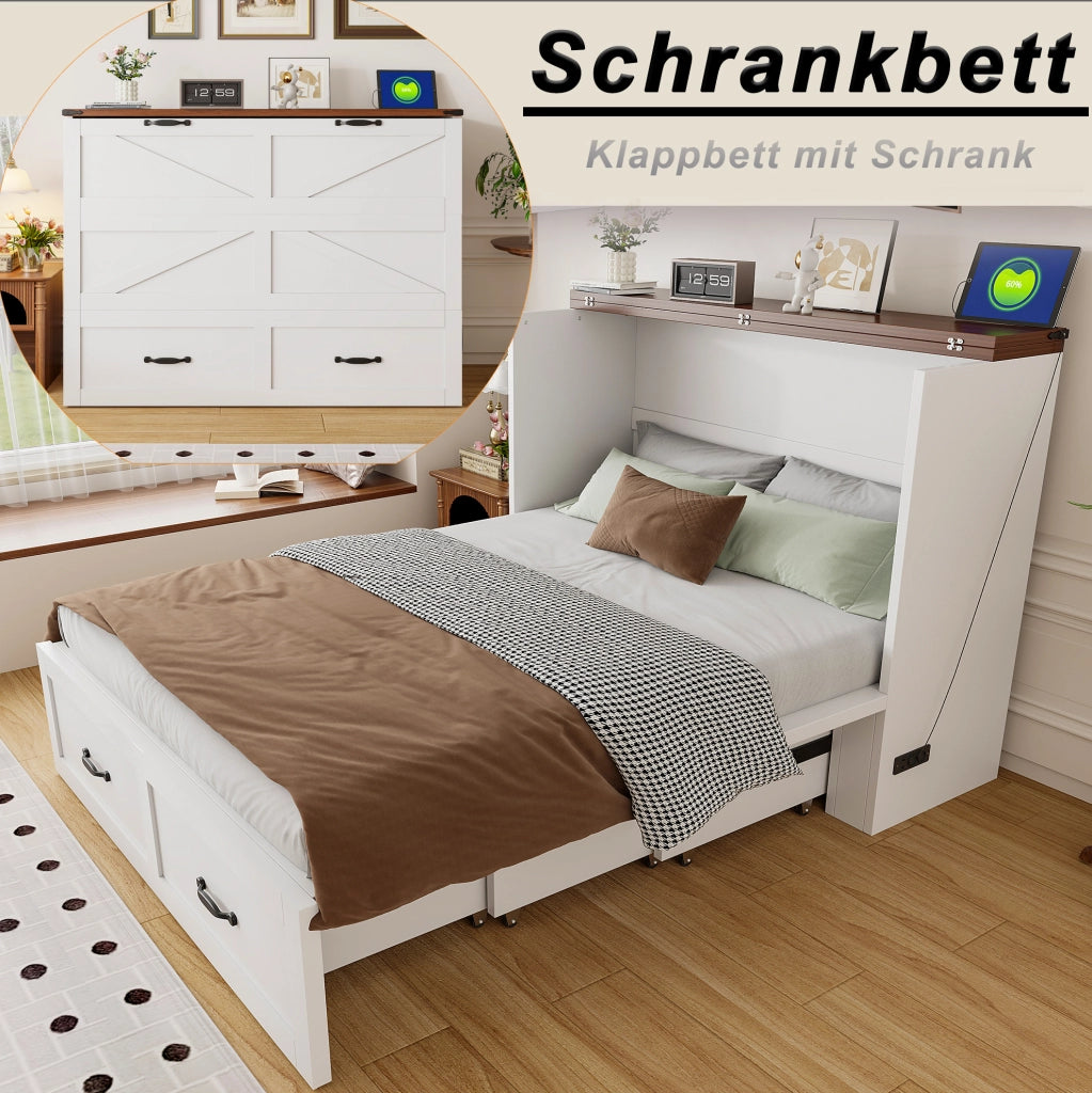 Letto a scomparsa pieghevole 140x200 cm in legno e metallo; bianco; con presa elettrica