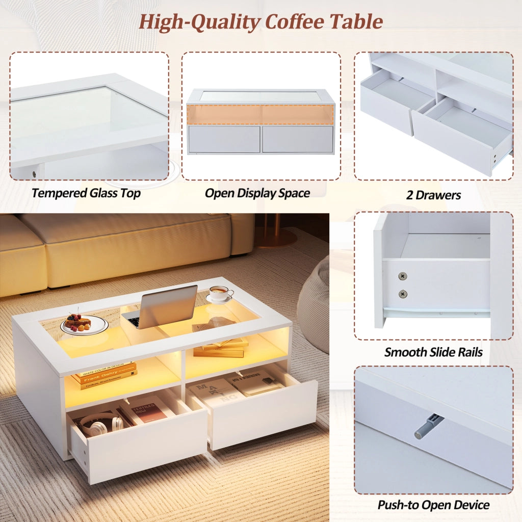 Tavolino da caffè con 2 cassetti; LED e USB - per soggiorno - 100×50×35 cm - bianco