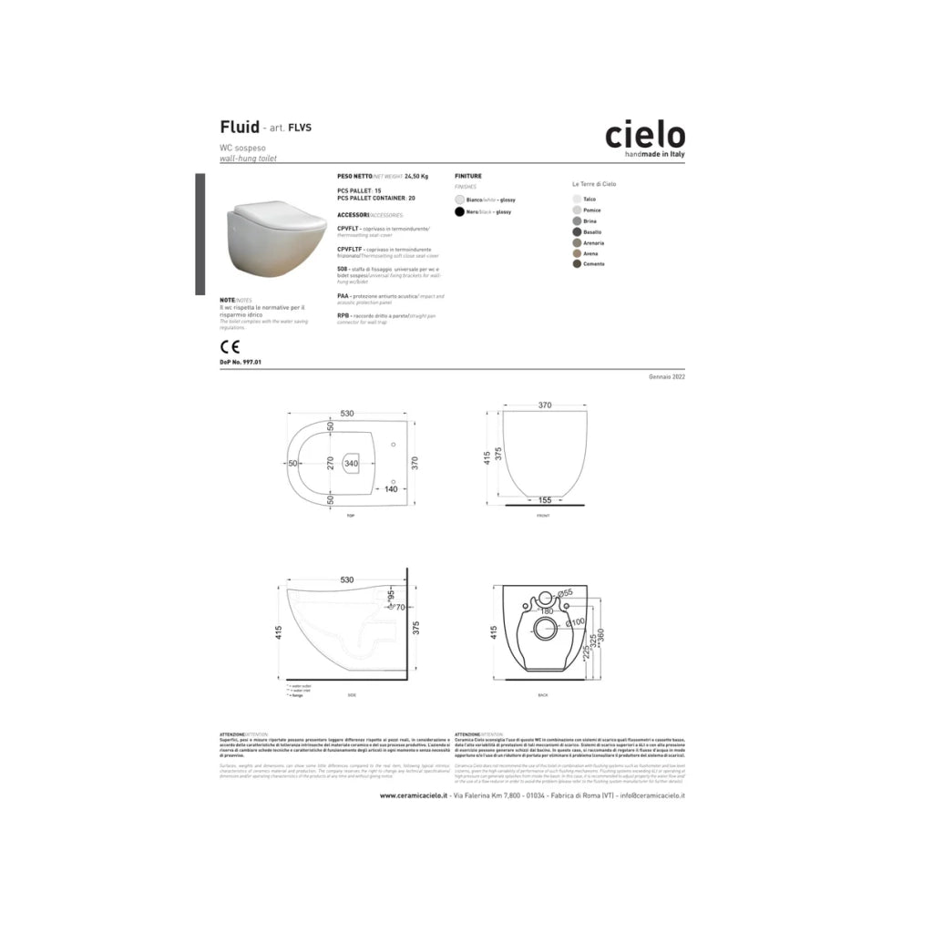 Coppia Di Sanitari "Ceramica Cielo" Sospesi Bianco Lucido "Fluid"