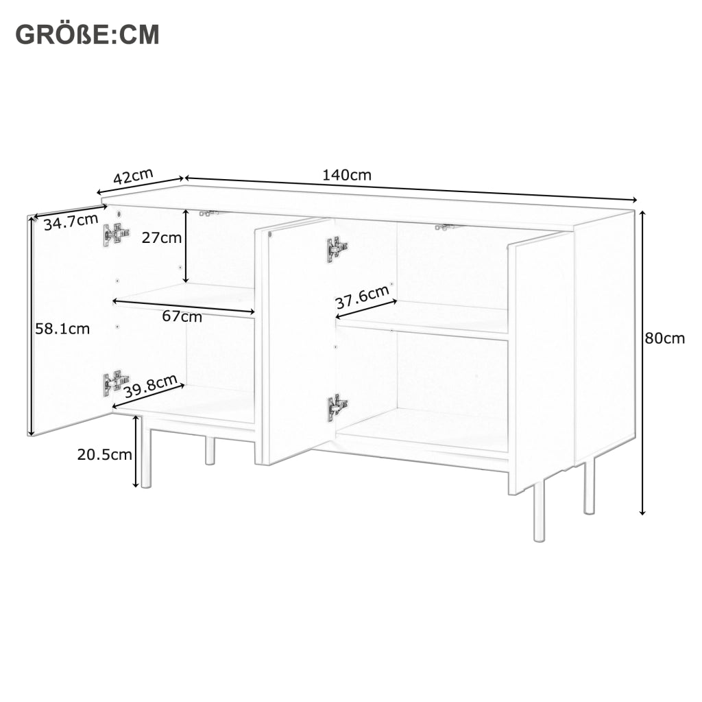 Credenza bianca con ripiani regolabili e gambe in metallo; MDF