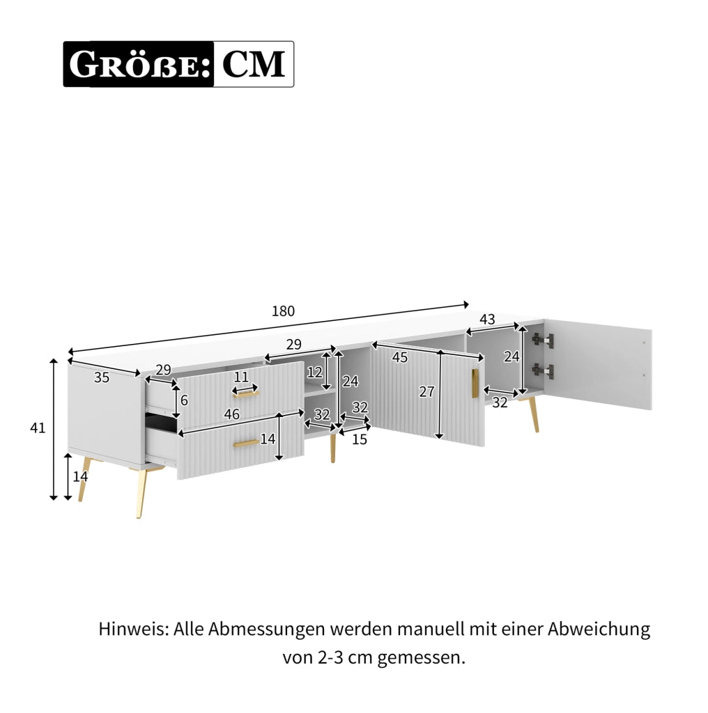 Mobile TV moderno bianco in MDF 180×35×41 cm con 2 cassetti e 2 ante