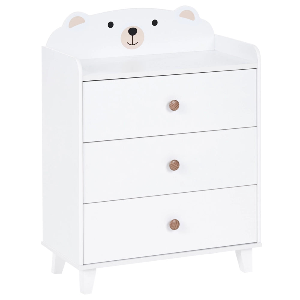 Cassettiera a 3 Cassetti per Bambini in Stile Scandinavo a Tema Animale Bianco in MDF e Gambe in Legno di Pino