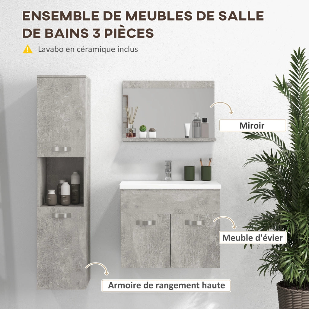 Set Bagno 4 Pezzi ¨C zephmum ¨C Grigio con Specchio e Mobile Sospeso
