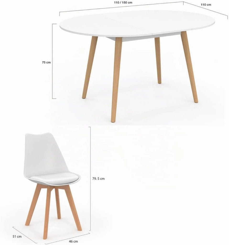 Tavolo da Pranzo Rotondo allungabile Angela Bianco con Gambe in Legno 110-150 cm e Set di 4 sedie Sara Bianche