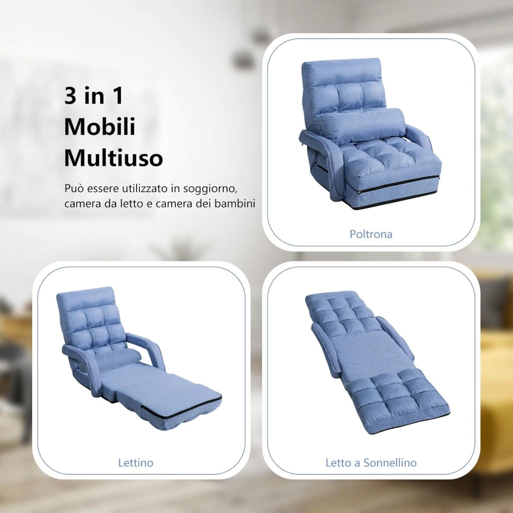 Poltrona Divano con 5 Livelli Regolabili, Sedia da Terra con Braccioli e Cuscino, Struttura in Acciaio, Multifunzione e Pieghevole per Soggiorno Camera da Letto, 55x66x71 cm (Blu)