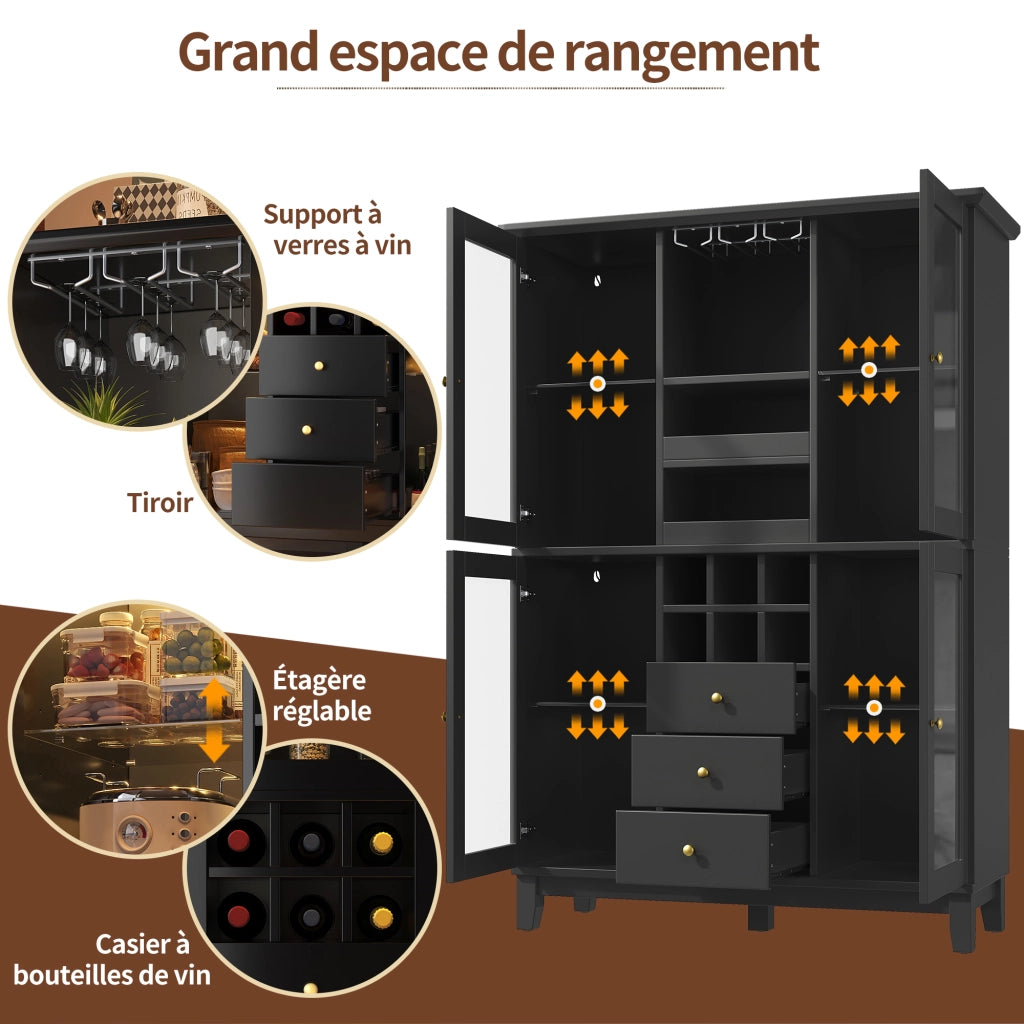 Credenza per vini con 3 cassetti; ripiani regolabili; porta bicchieri e bottiglie; LED RGB via app; per soggiorno 120 × 40 × 180;5 cm