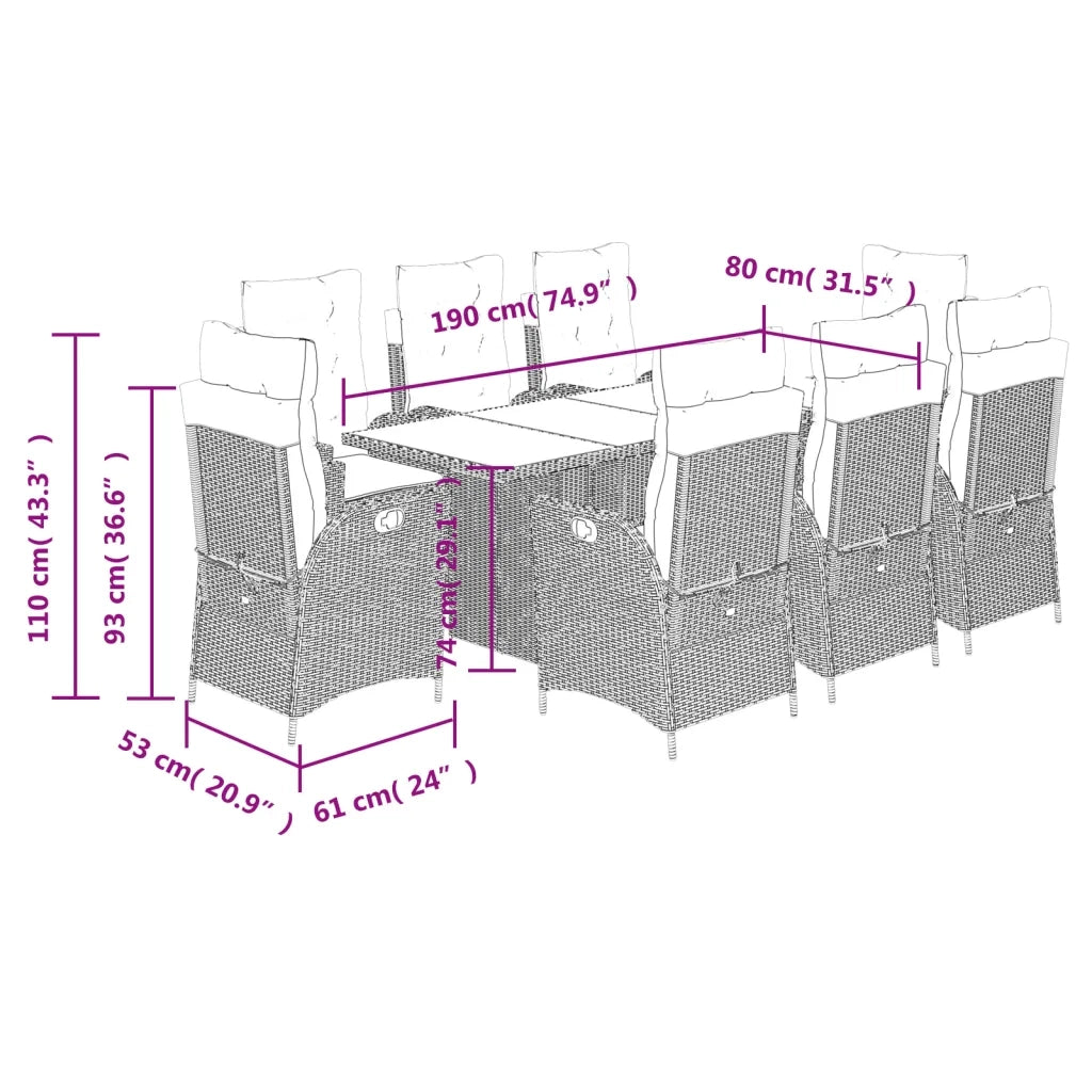 Set Pranzo da Giardino 9pz con Cuscini Grigio Chiaro Polyrattan