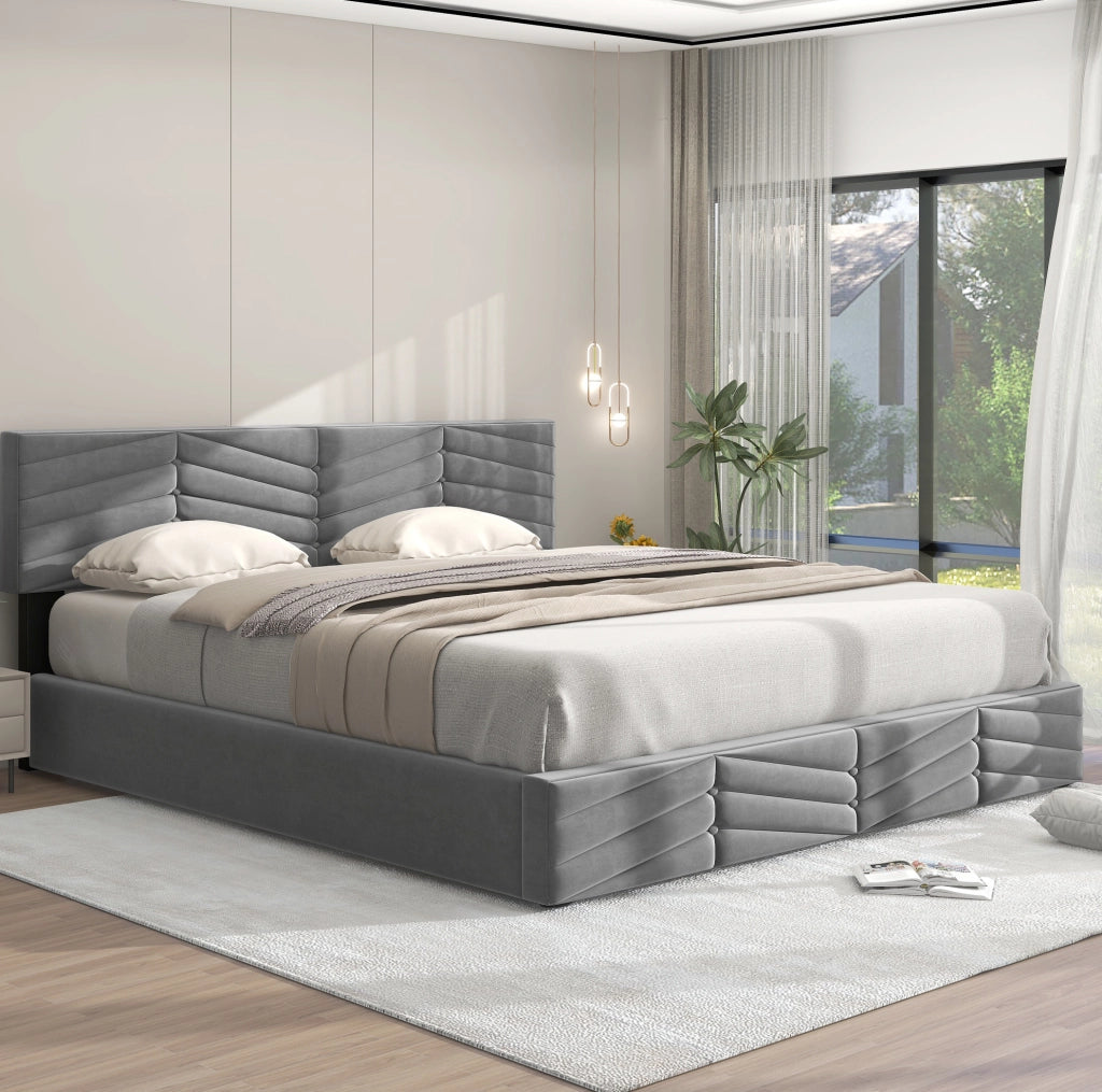 Letto matrimoniale 160x200 cm in velluto grigio con contenitore e testiera regolabile