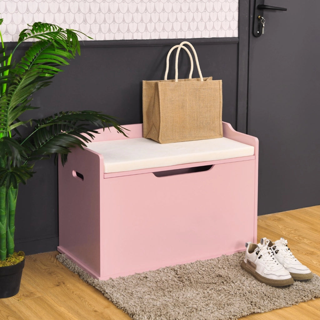 Cassa per giocattoli con 2 cerniere di sicurezza, Cassa con coperchio sollevabile Rosa