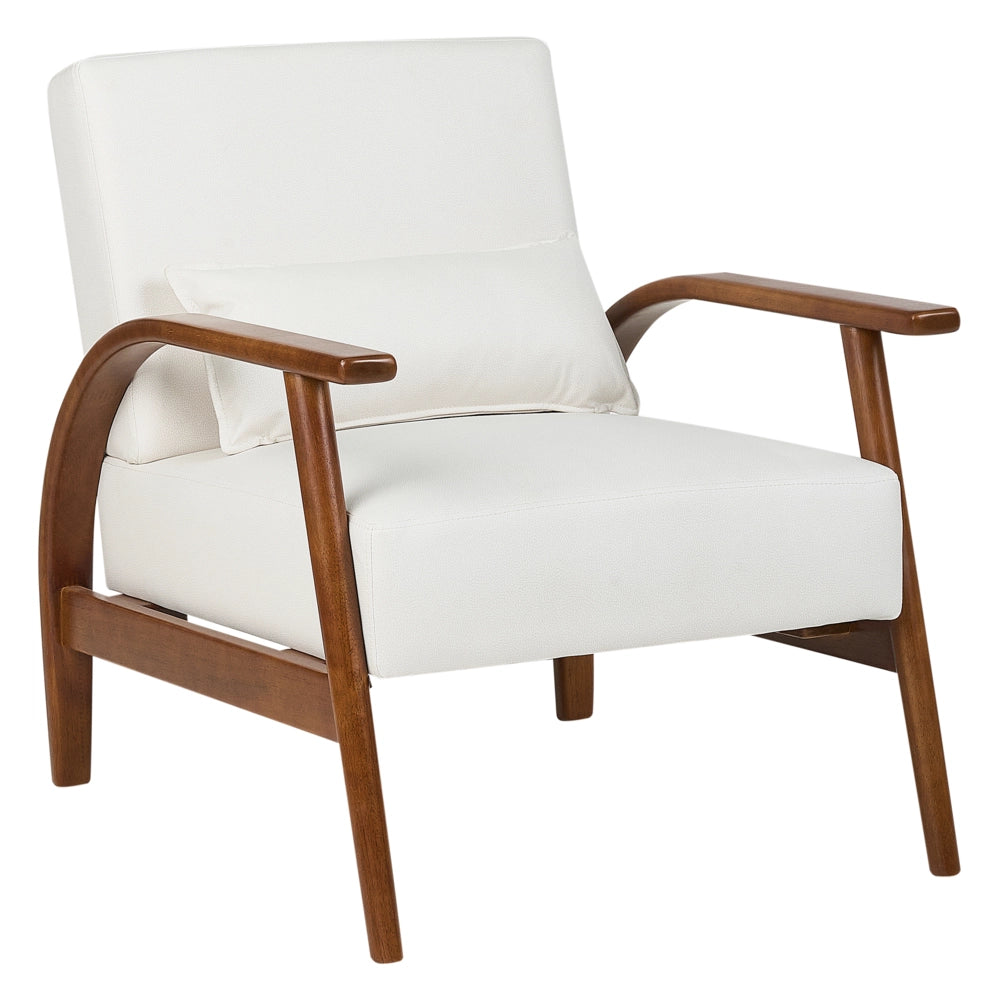Poltrona bianco sporco in ecopelle con gambe in legno, braccioli e cuscino Retro Classico Soggiorno Tradizionale