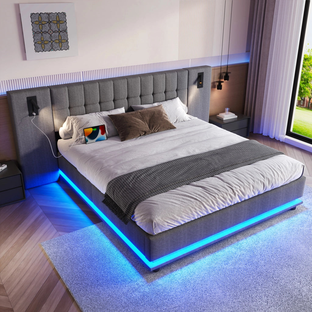 OKWISH Letto Imbottito 180×200 cm, Letto Matrimoniale con LED Regolabile, Luce Lettura e USB, senza Materasso, Lino, Grigio