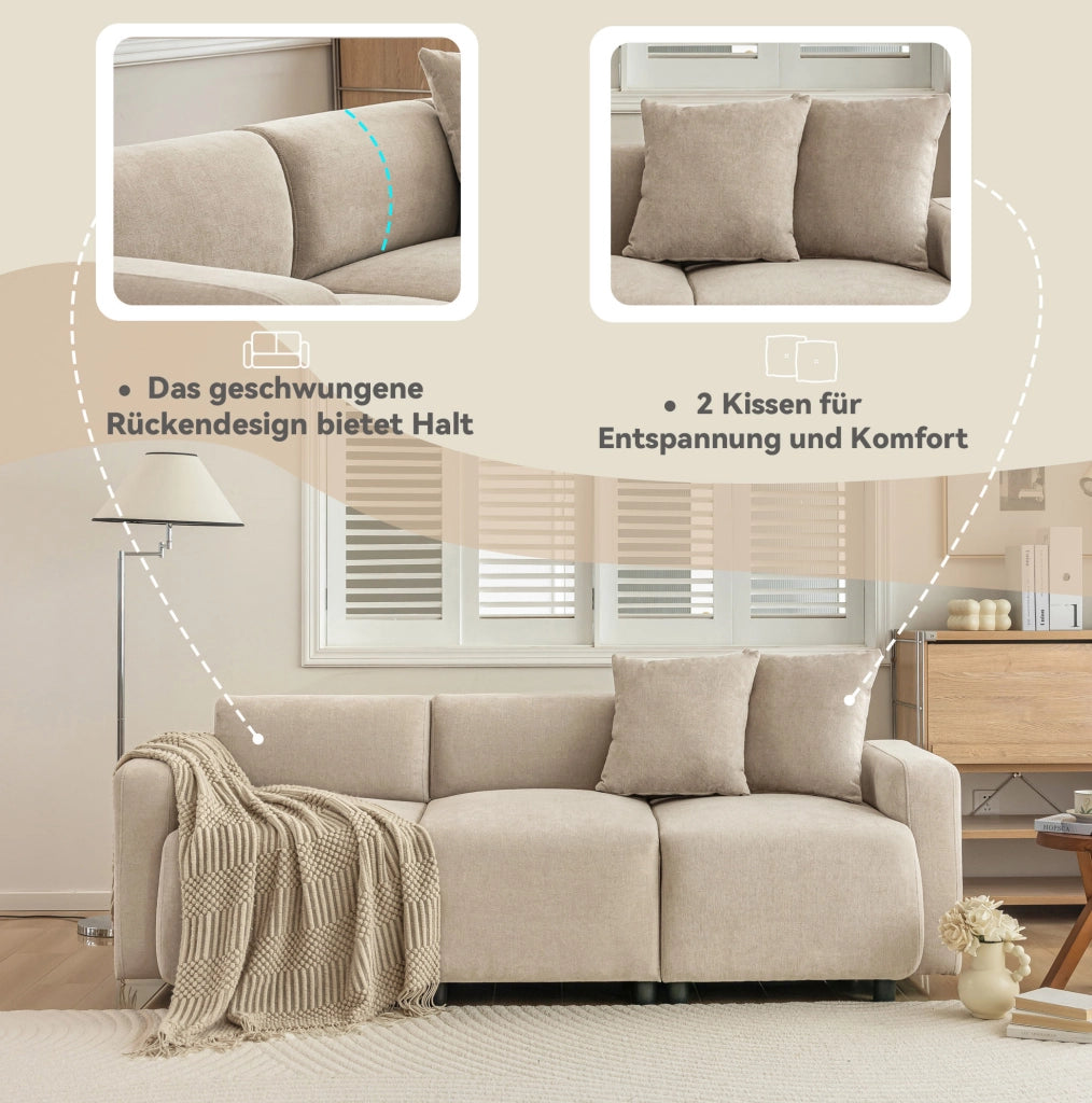 Divano 3 posti in ciniglia beige con 2 cuscini