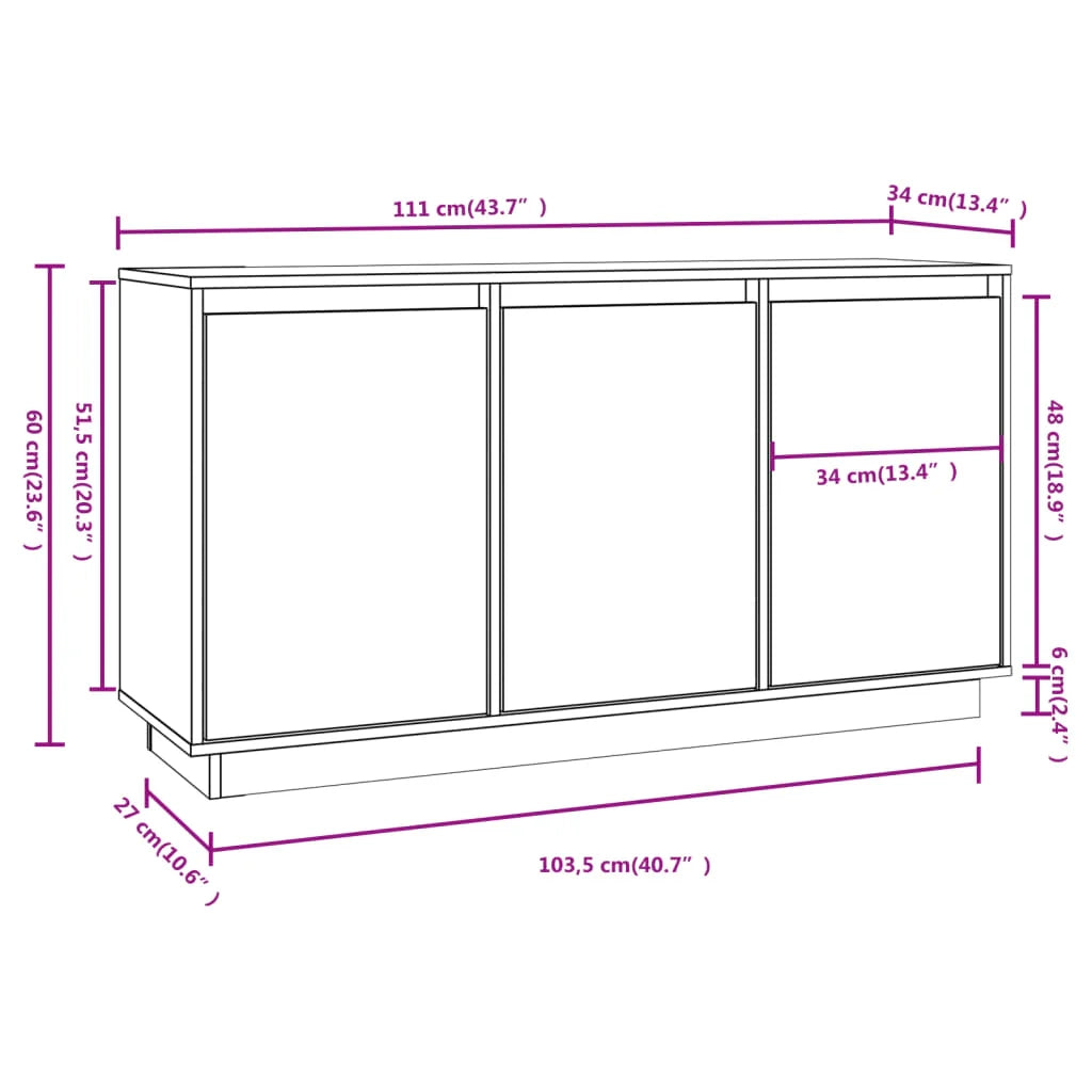 Buffet credenza cassettiera armadio mobile contenitore organizer per cucina soggiorno salotto 111 x 34 x 60 cm legno massello di pino bianco 02_0030201