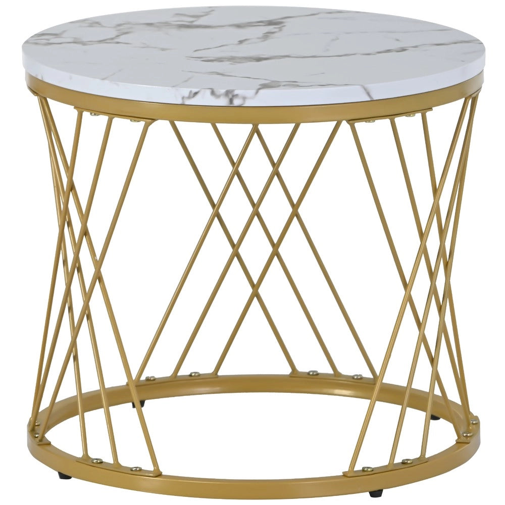 Tavolini da Salotto Set 2 Pezzi Rotondi ¨C MINIMAL ¨C Piano Effetto Marmo, Struttura Metallo Dorato