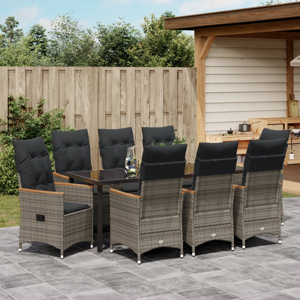 Set da Pranzo da Giardino da 9 Pezzi con Cuscini Grigio Rattan PE