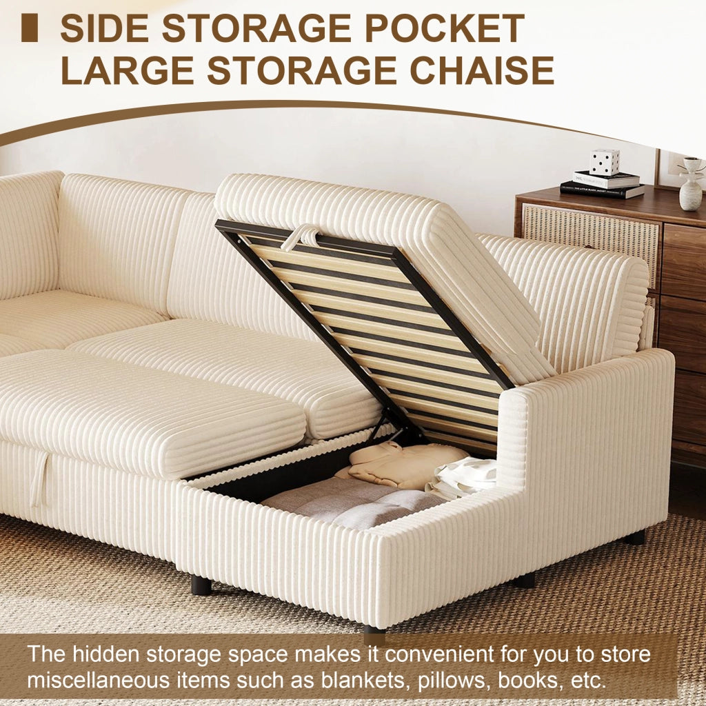 Divano a U con letto estraibile e vano contenitore in tessuto a coste beige 274 × 220 × 85 cm