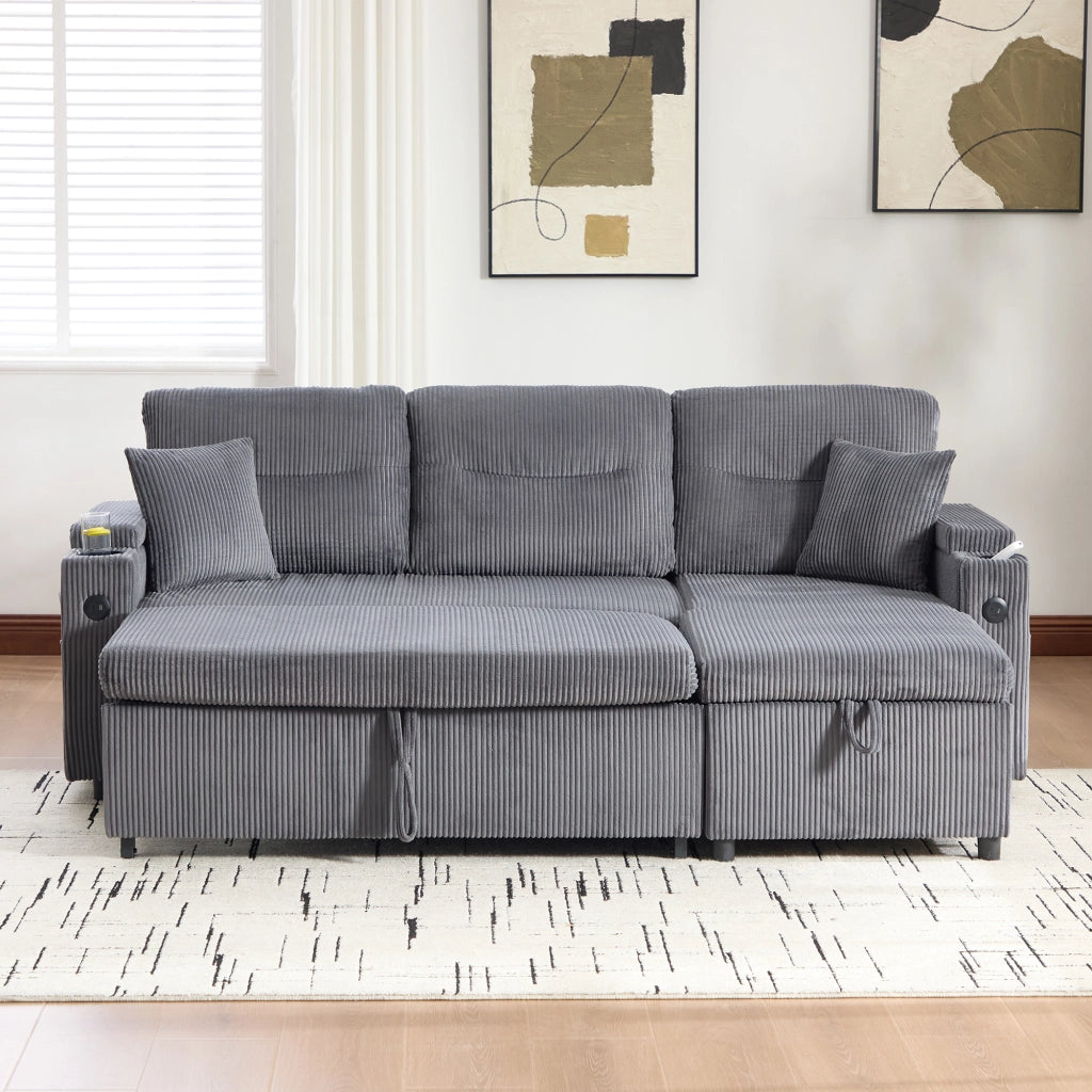 Divano letto con chaise longue contenitore USB C e portabicchiere in velluto a coste grigio carbone 212,5 × 136 × 86 cm