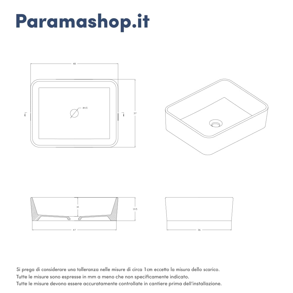 Lavabo da appoggio rettangolare 48x37x13,5 cm carta da zucchero | Caspio