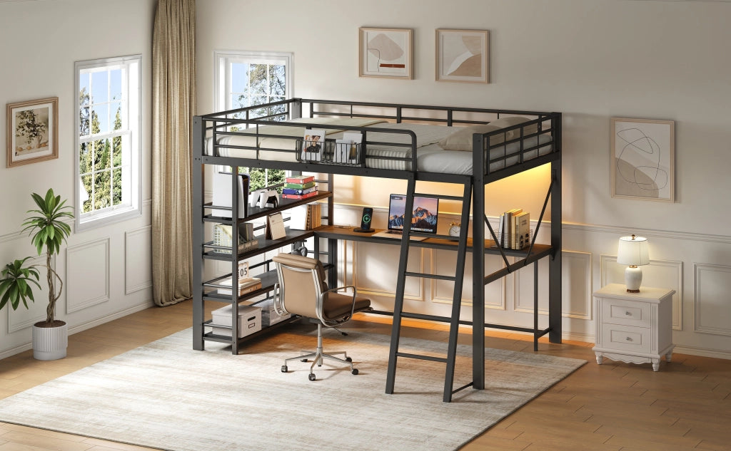 Letto a soppalco 140 × 200 cm con scrivania, ripiani, cesto portaoggetti, USB et LED, senza materasso, nero