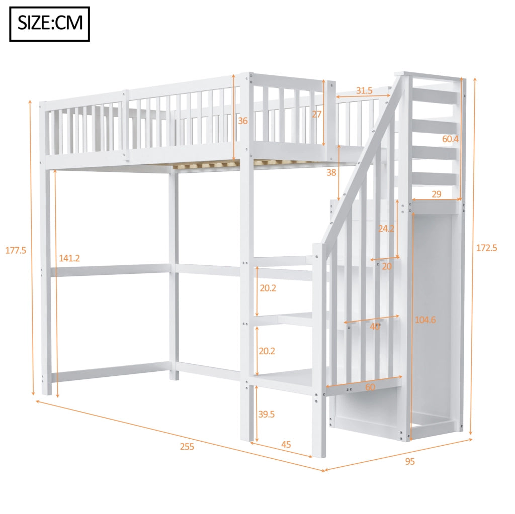 Letto a soppalco 90x200 cm bianco in legno con scala contenitore e armadio