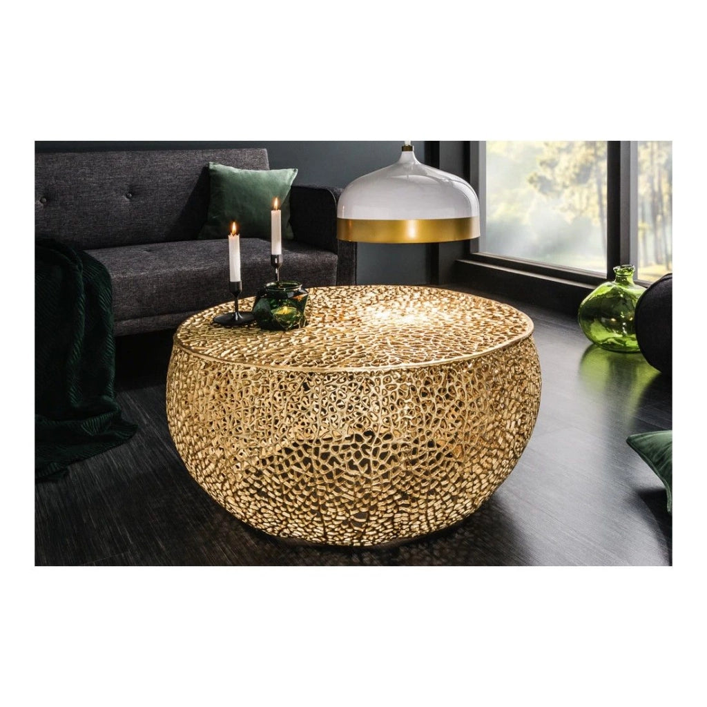 Tavolino METRIX rotondo dorato 80 cm – Tavolino design in alluminio traforato