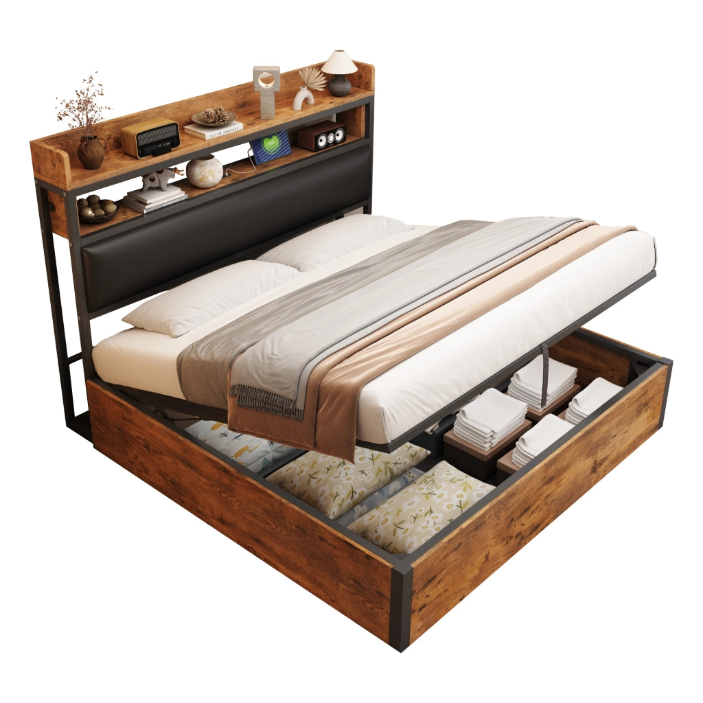 Letto Matrimoniale 180x200 cm con Contenitore; USB e Testiera Imbottita Nero