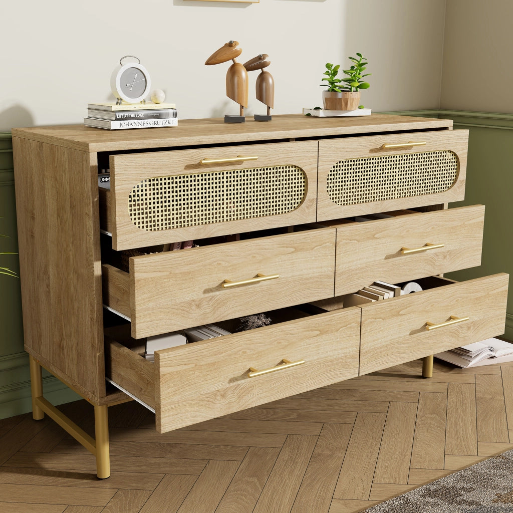 Cassettiera con 6 Cassetti; Frontali Effetto Rattan; Maniglie in Metallo; Piedini Regolabili; Stile Naturale; 120??40??74 cm; Rovere