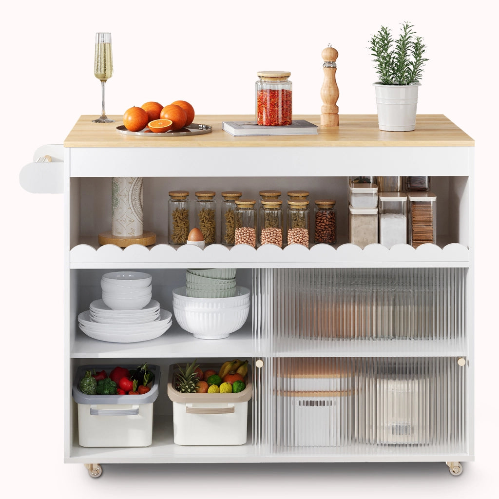 Isola Cucina Mobile 122x46/69x91 cm Bianca e Rovere con Piano Ribaltabile, Vetro e 5 Ruote