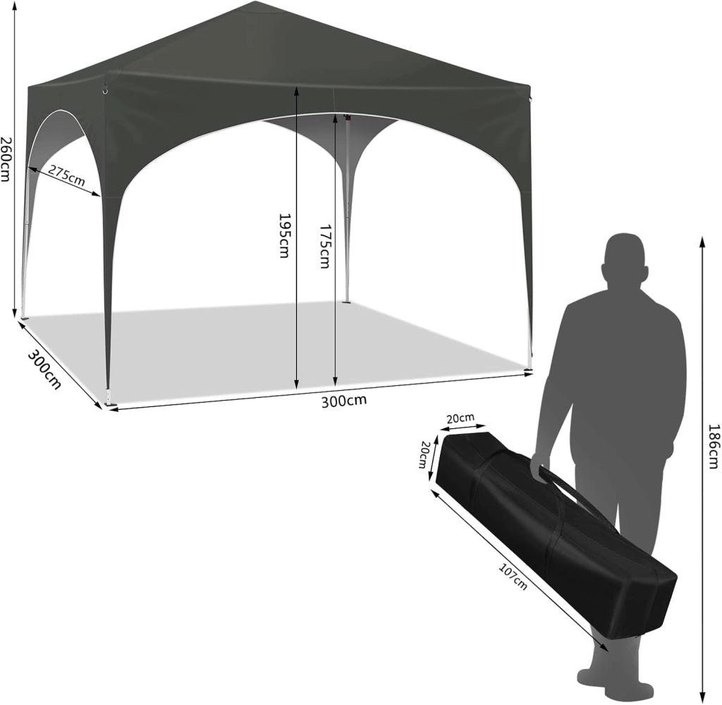 Gazebo da Giardino Richiudibile 3x3m Gazebo Esterno in Ferro Regolabile in Altezza Tendone con Soffitto Semicircolare Pieghevole Protezione Solare, Tende per eventi Facile da Montare Grigio