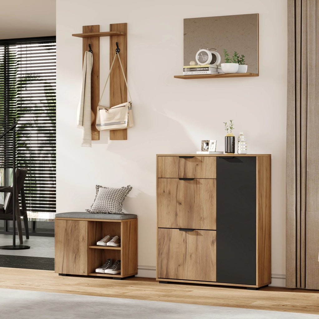 Set guardaroba da ingresso con panca scarpiera; specchio e appendiabiti 140x35x139 cm in truciolare naturale e nero