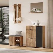 Set guardaroba da ingresso con panca scarpiera; specchio e appendiabiti 140x35x139 cm in truciolare naturale e nero