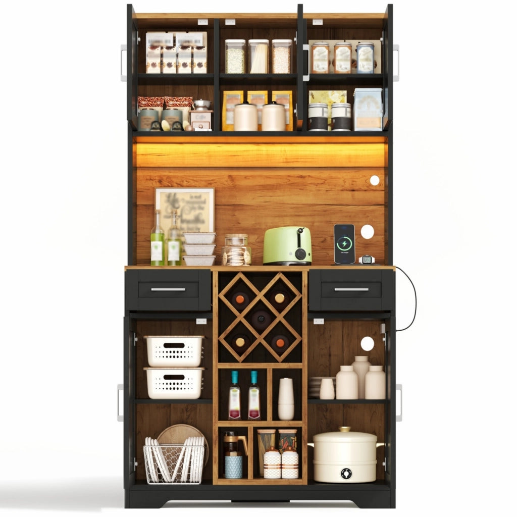 Credenza alta con 2 cassetti; LED e prese - per cucina - in MDF - 105×40×180 cm - naturale e nero