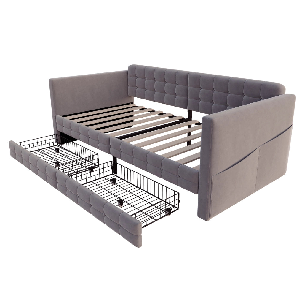 Letto imbottito 90x190 cm con testiera capitonn茅; tasche laterali e 2 cassetti; velluto grigio