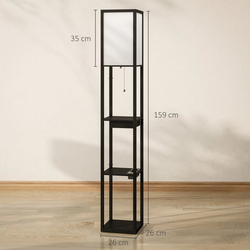 Lampada da terra con ripiani, prese USB-A/USB-C e presa standard, paralume in tessuto, nero, 26x26x159 cm