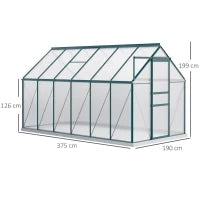 Serra da Giardino in Policarbonato 190x375x199cm, con Finestra Apribile e Porta Scorrevole, Struttura in Alluminio, Verde