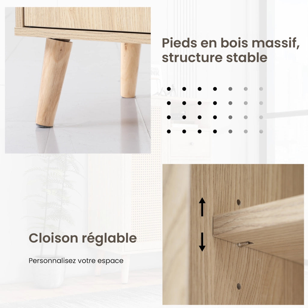 Credenza con 2 Ante in Rattan e 1 Cassetto; Vano a Giorno; Stile Naturale; in Pannello Truciolare; Rovere; 60¡Á40¡Á101 cm